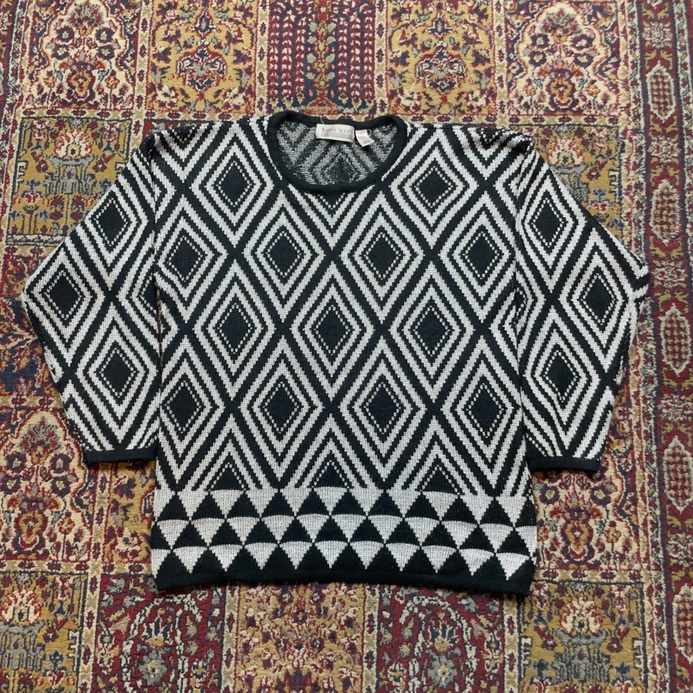 Karen Scott Mens‎ Geometric Diamond Knit Sweater Black White Metallic Size L